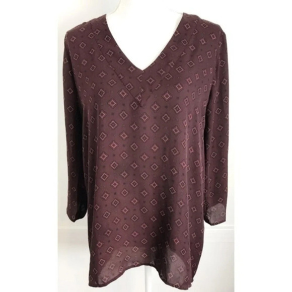 Loft • Burgundy Patterned V Neck Blouse - Picture 1 of 3